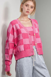 Checkered V-Neck Long Sleeve Cardigan OutfitFlow